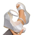 thumbnail image 4 of CYMMPU Women's Fish Mouth Open Toe Wedge Sandals, Glitter Ankle Strap Platform Shoes, Comfort Casual Summer Beach Slip On Dress Sandals Silver 43, 4 of 9