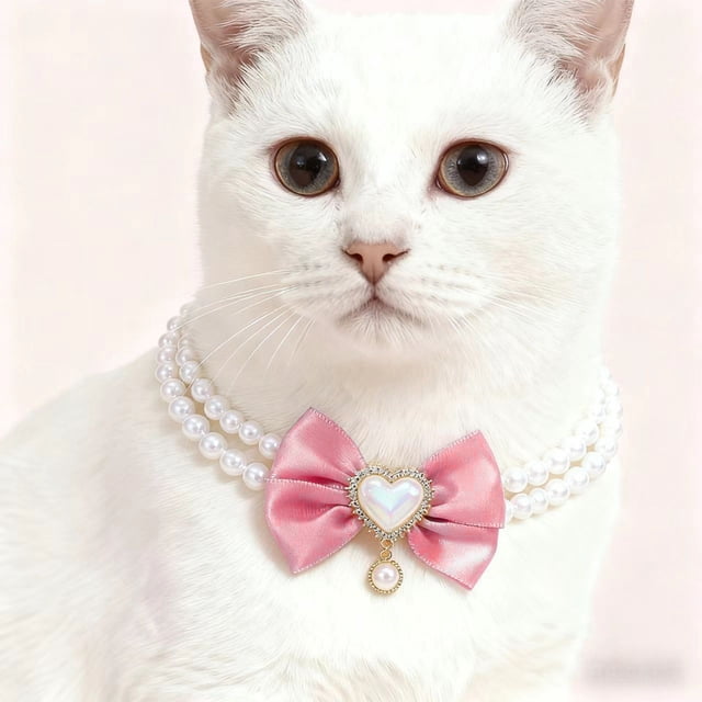 Collar para perro y gato con lazo de corazón rosa, collar de perlas con lazo de princesa, cadena de collar con lazos rosas para gatos y perros pequeños y medianos, bonitos accesorios para collar de m