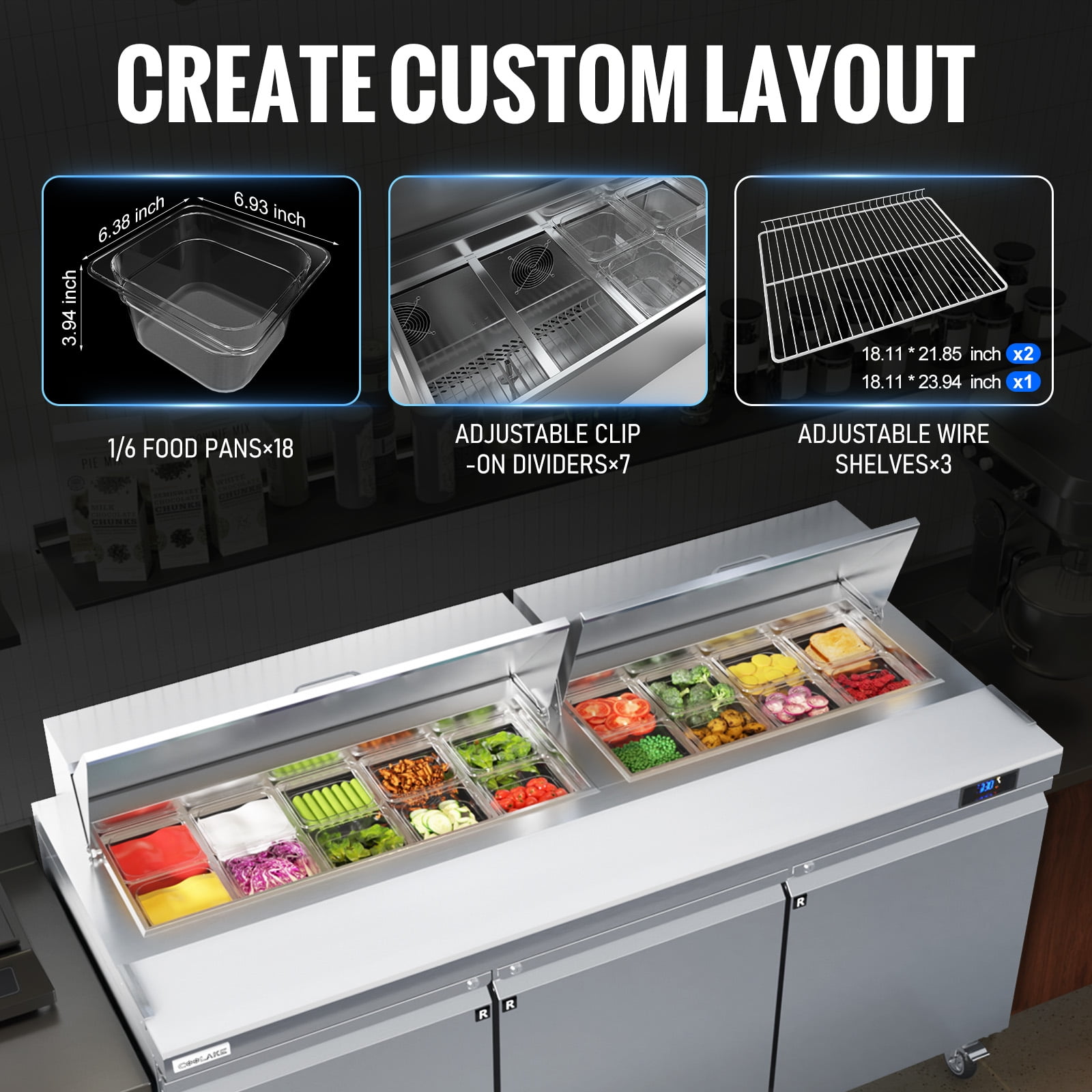 Coolake 72.7''W Commercial Salad Sandwich Prep Table Refrigerator, 3 Door Stainless Steel 22 Cu.ft Counter Fan Cooling Refrigerator