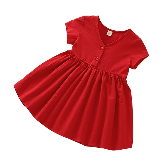 QTOCIO Toddler Girls Dresses, Baby Girl Summer Clothes, 3-8years Girls' Casual Solid Color Large Skirt Button Back Bow Short Sleeved V-neck Dress, Red, 7 Years