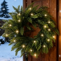 Pre-Lit Christmas Wreath -20 Inch Real Touch Norfolk Pine Wreath for Front Door, Lighted Christmas Wreath with Lights, Xmas Wreath for Home Table Wall Window Indoor Outdoor Christmas Decoration