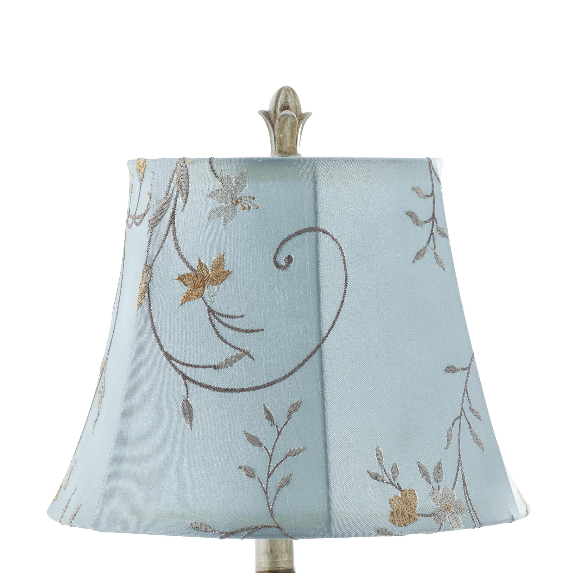 DecMode 32" Antique Style Floral Brass Buffet Lamp with Blue Linen Shade