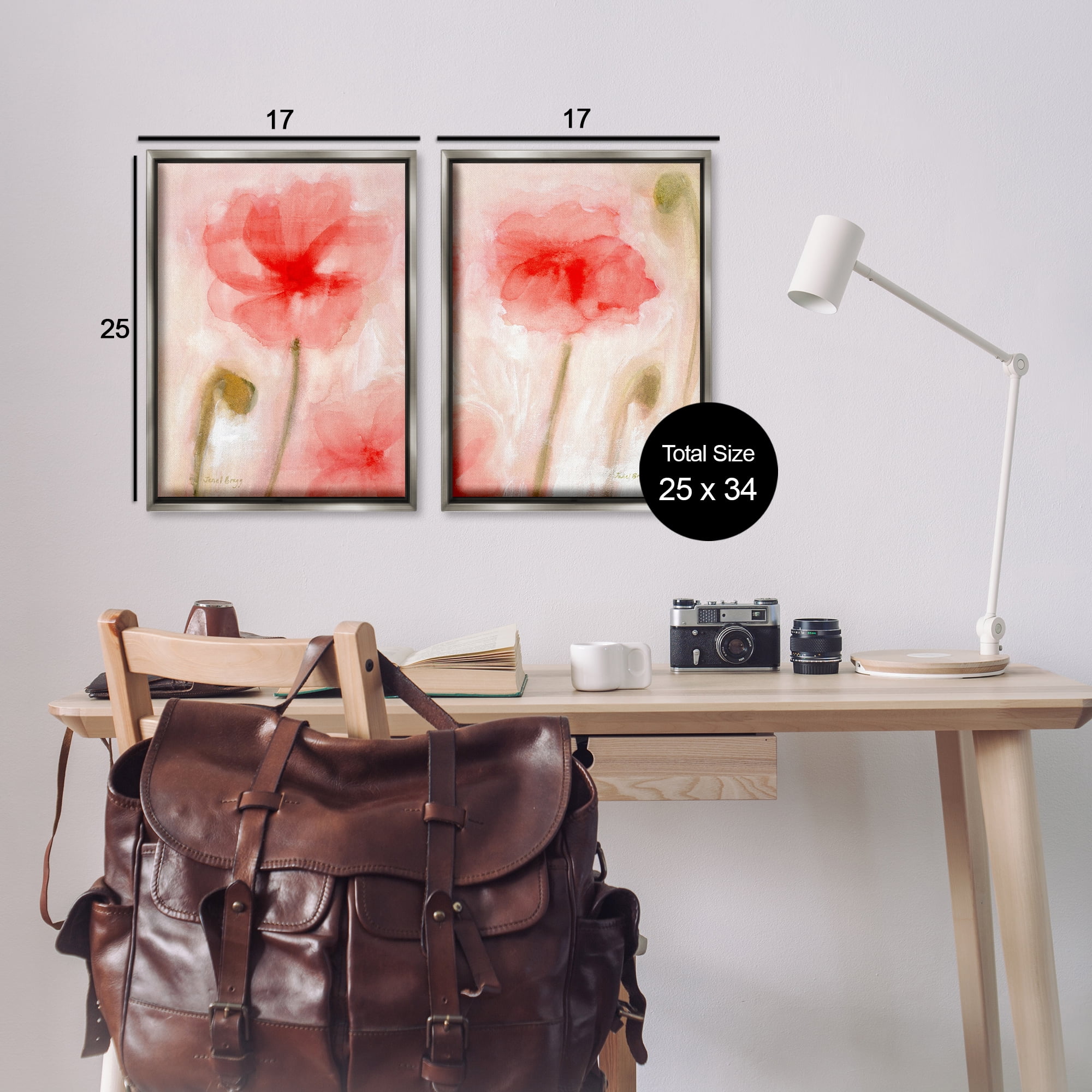 Stupell Industries Beautiful Coral Poppy Blossom Plants & Flowers Painting Gray Floater Framed Canvas Art Print Wall Art, 17 x 25, Set of 2