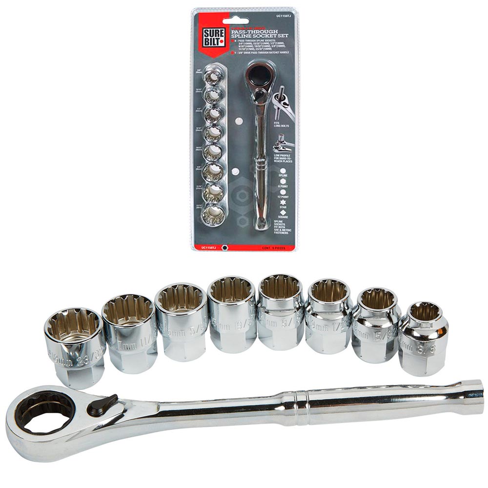 9 Pc PassThrough Spline Socket Set 3/8" Drive Ratchet Handle Bolts