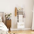 thumbnail image 2 of Blanket Ladder, 5-Tier Farmhouse Wooden Rack with Synthetic Leather Pocket, 4 Removable Hooks, Decorative Leaning Ladder Shelf, White, 2 of 8