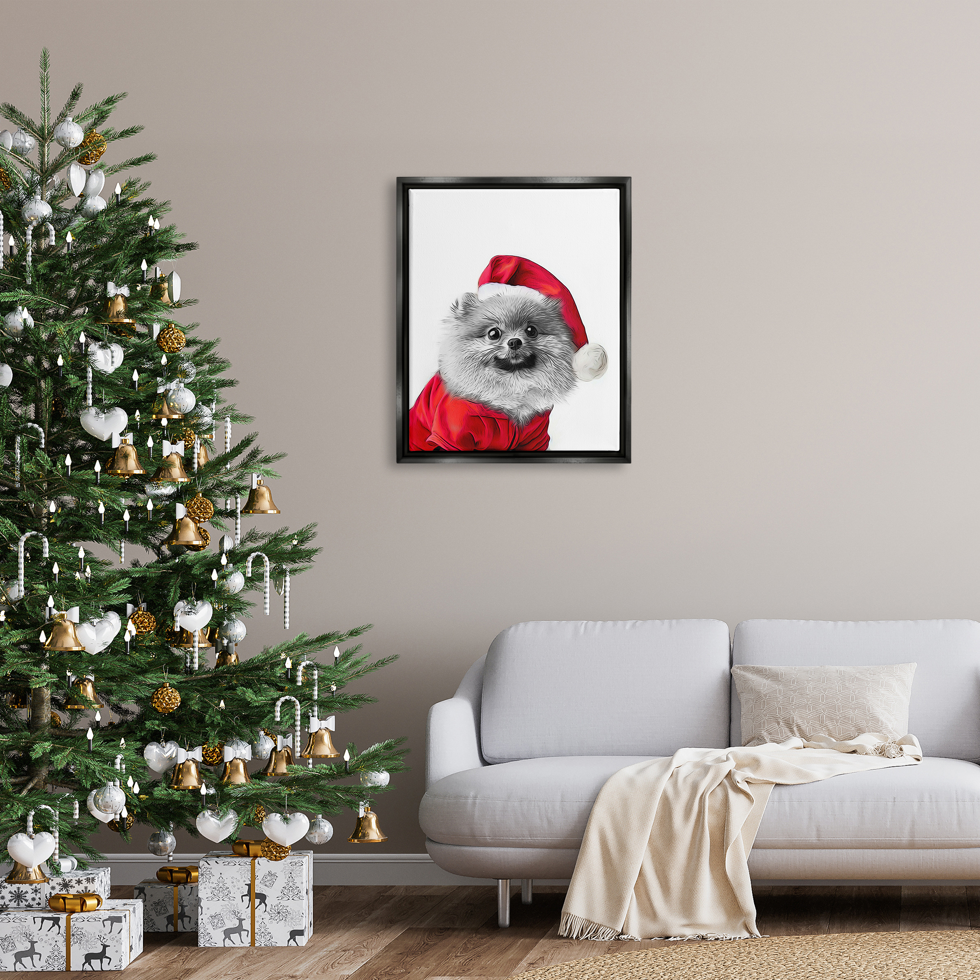 Stupell Industries Pomeranian in Santa Hat Holiday Painting Black Floater Framed Canvas Art Print Wall Art, 25 x 31