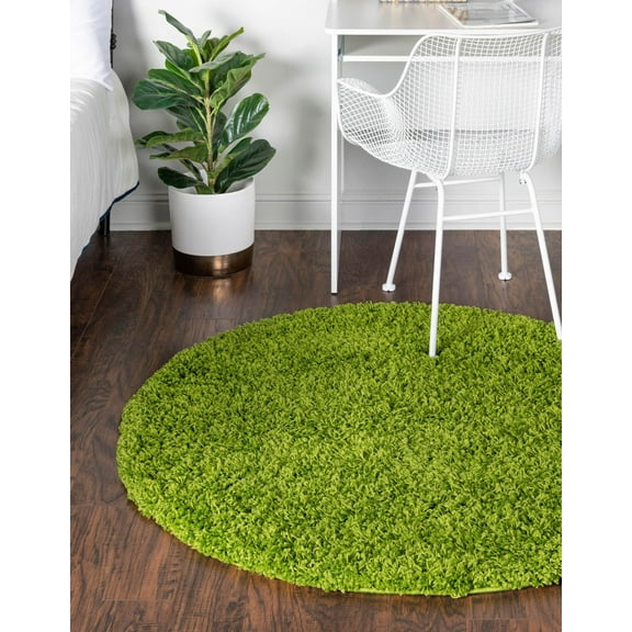 Rugs.com Solid Shag Collection Rug – 6 Ft Round Grass Green Shag Rug Perfect For Kitchens, Dining Rooms