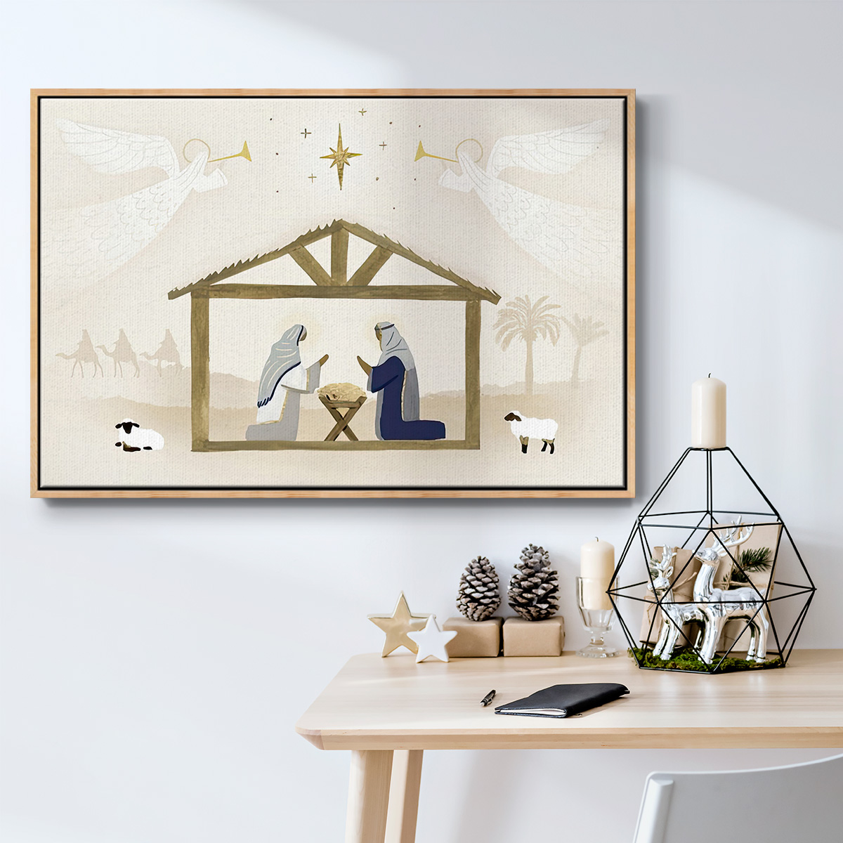 Away in a Manger Collection A - Framed Gallery Wrapped Holiday Canvas - 17 x 25 - Natural Wood Frame
