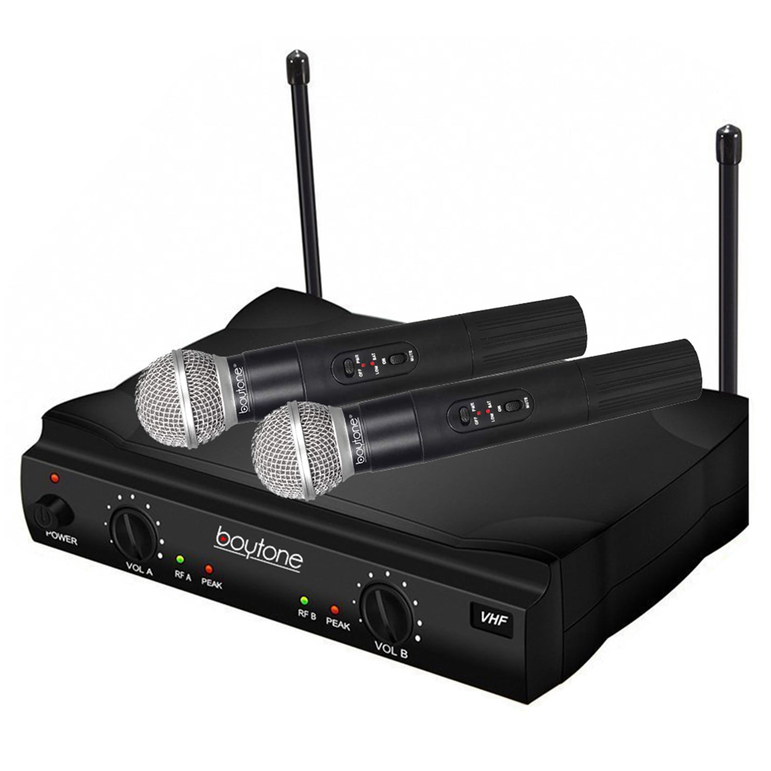 Boytone BT-42VM Dual Channel Wireless Microphone System - VHF Fixed Dual Frequency Wireless Mic Receiver, 2 Handheld Dynamic Transmitter Mics, for Karaoke, DJ, Church, Conference, Carrying Cases