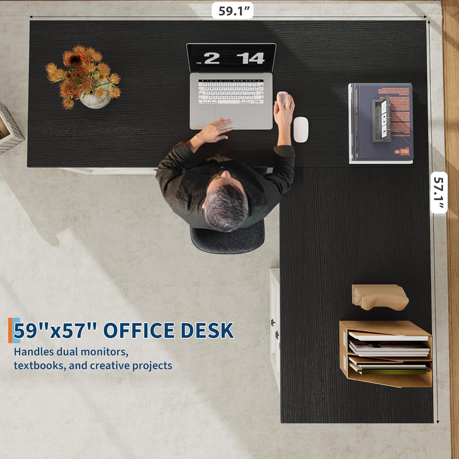 Farmhouse 60" Executive l Shaped Desk, Home Office Desk with File Drawers and Storage Cabinet, Corner Computer Desk with Adjustable Side Storage Cabinet (Black)