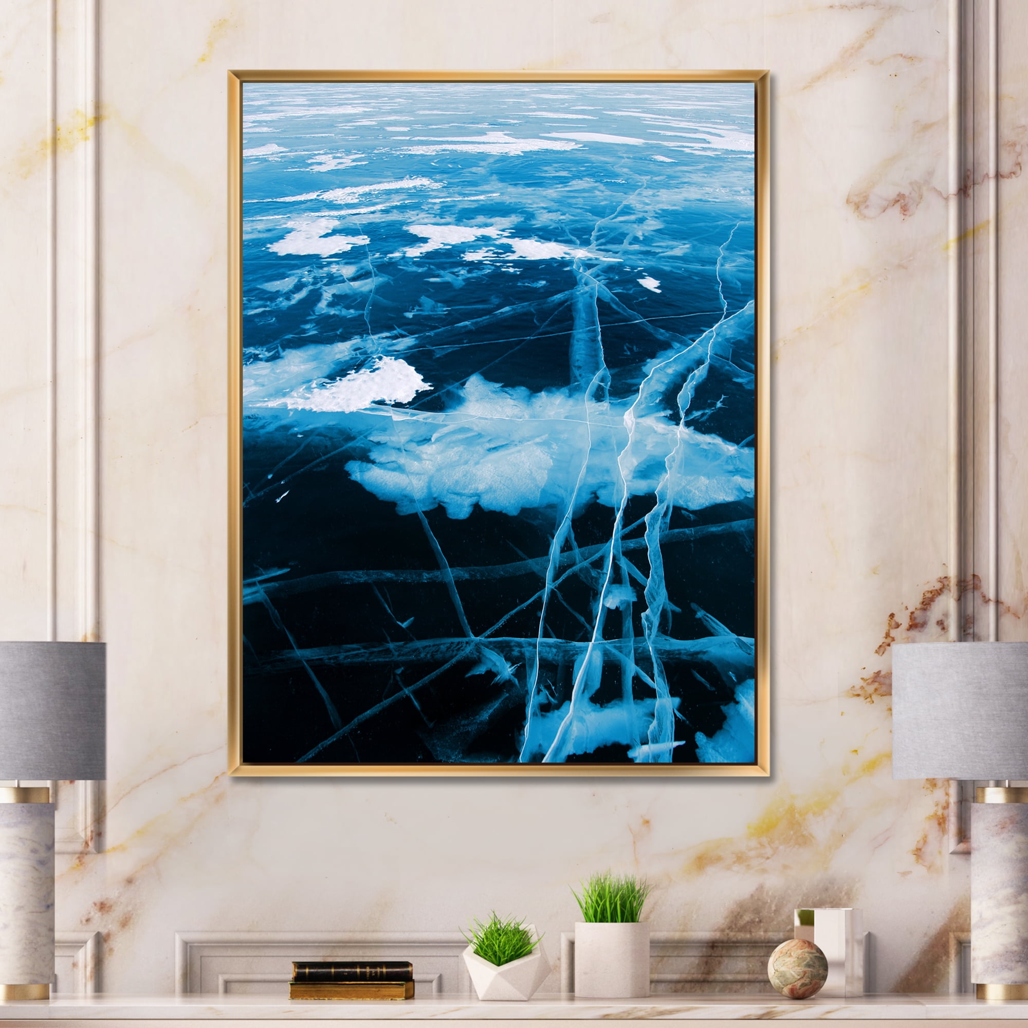 Designart 'White and Blue Ice Structure I' Modern Framed Canvas Wall Art Print