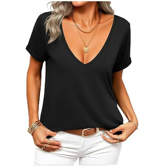 Yuyuzo Tops for Women Deep V Neck Summer Low Cut T Shirts Short Sleeve Casual Basic Oversized Tee