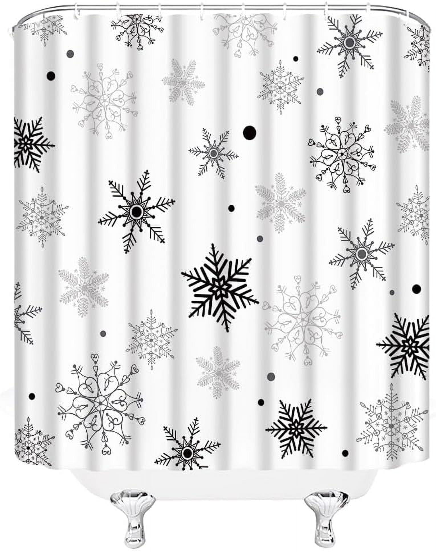 Christmas Snowflake Shower Curtain Winter Snowy Black Gray Merry Christmas Holidy Fabric Bathroom Curtain Set with Hooks(70" WX70 H)