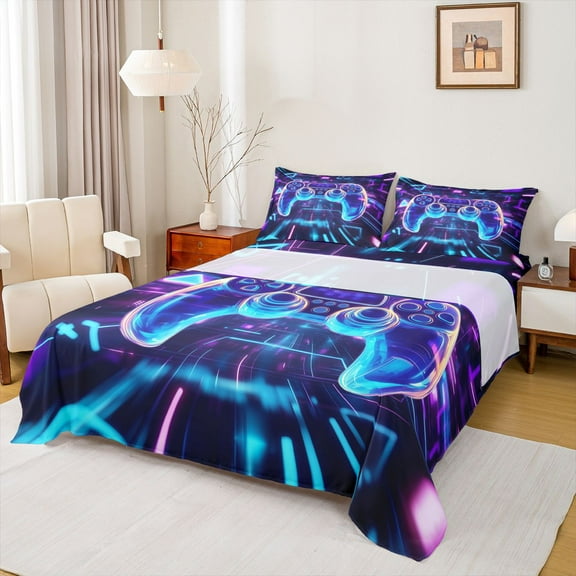 Homewish 3D Gamepad Player Twin Sheet Sets for Boy, Futuristic Glitter Stripes Twin Fitted Sheet, Video Game Lover Flat Sheet, Microfiber Bedroom Decor, 3pcs