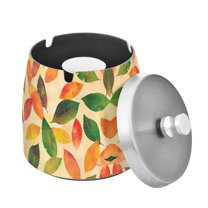 Yayeee Ashtray with Lid for Cigarette Smokeless Stainless Steel Home Ash Holder, Green Retro Autumn Leaves
