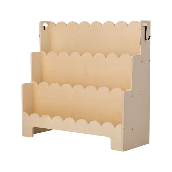 Montessori Bookshelf 3-Tier Scalloped Kids Bookshelf Front Facing Toddler Bookcase Dual Hooks Backpacks Kids Room Living Room