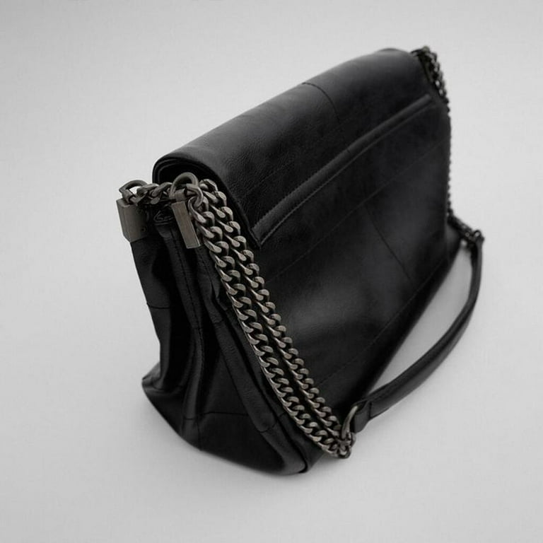 Women Black Rock Flap Single Shoulder Bag with Chain Strap Faux Leather  Handbag 