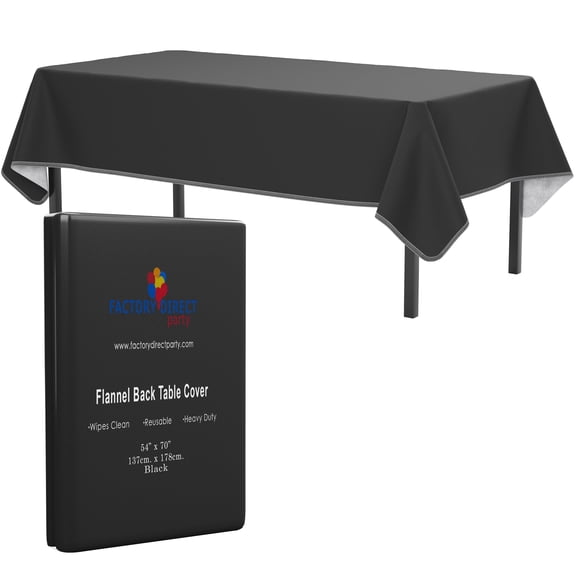 Crown Display Waterproof Tablecloth - 54" x 70" Black Solid Print Plastic Stain-Resistant Vinyl Tablecloth with Flannel Backing
