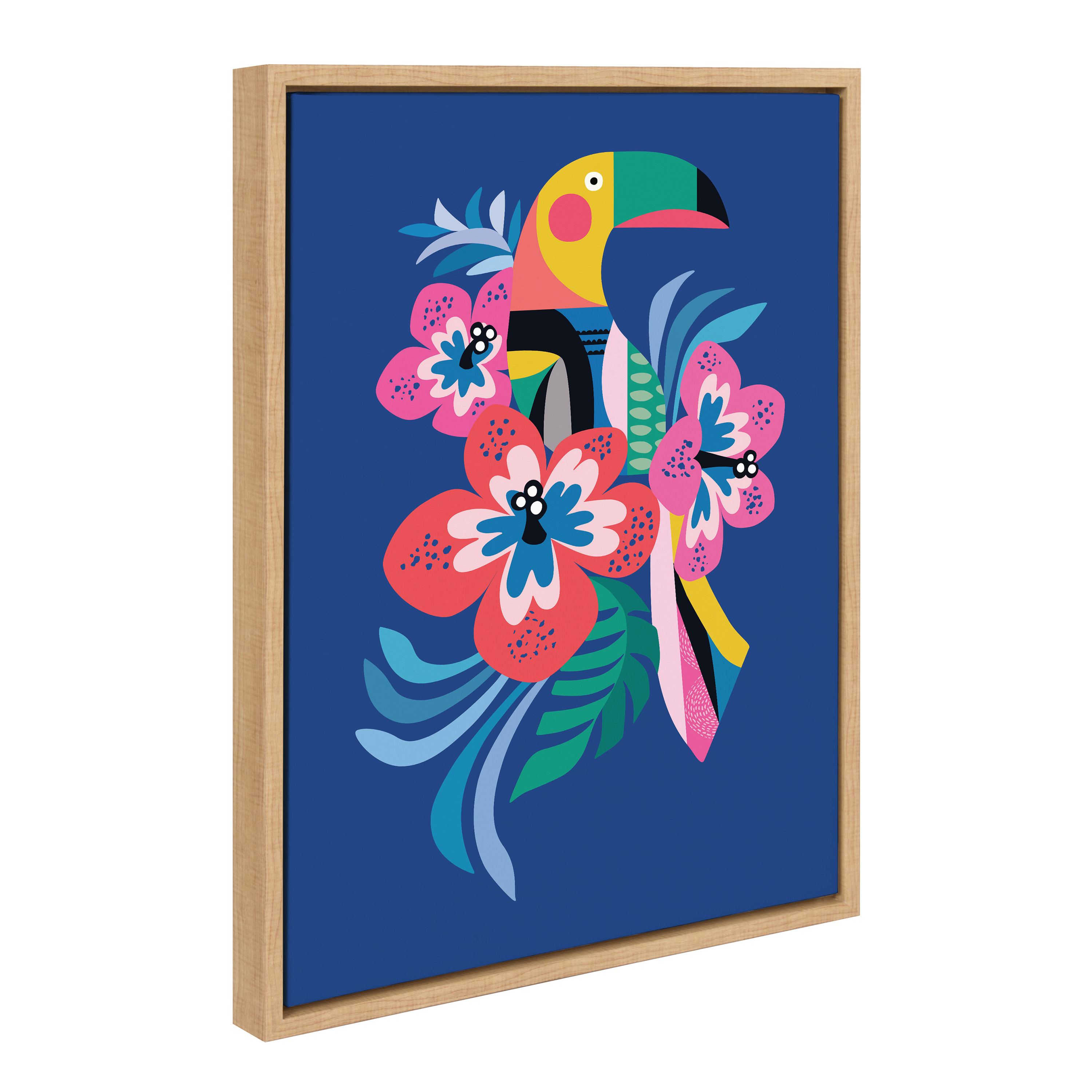 Kate and Laurel Sylvie Mid Century Modern Hibiscus Framed Canvas Wall Art by Rachel Lee of My Dream Wall, 18x24 Natural, Colorful Tropical Art for Wall
