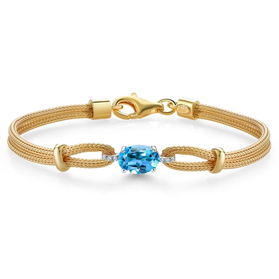 Gem Stone King 925 Two Tone Sterling Silver Swiss Blue Topaz and White Lab Grown Diamond Bracelet for Women (1.54 Cttw, Gemstone November Birthstone, Oval 8X6MM, 6.5/7/7.5 inches, Made in Italy)