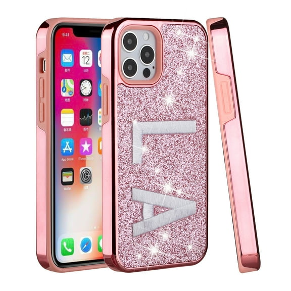 For Apple iPhone 13 Pro (6.1") Luxury Bling Glitter Shiny Chrome with Embroidery Hybrid Hard PC Frame Pink Cover ,Xpm Phone Case [ LA ]