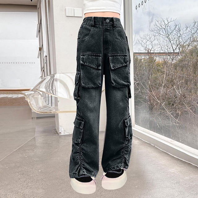 Odeerbi 5-16 Años Niñas Cargo Jeans Pantalones Vaqueros Deportivos Primavera Pantalones de Trabajo Pantalones de Pierna Ancha Con Varios Bolsillos