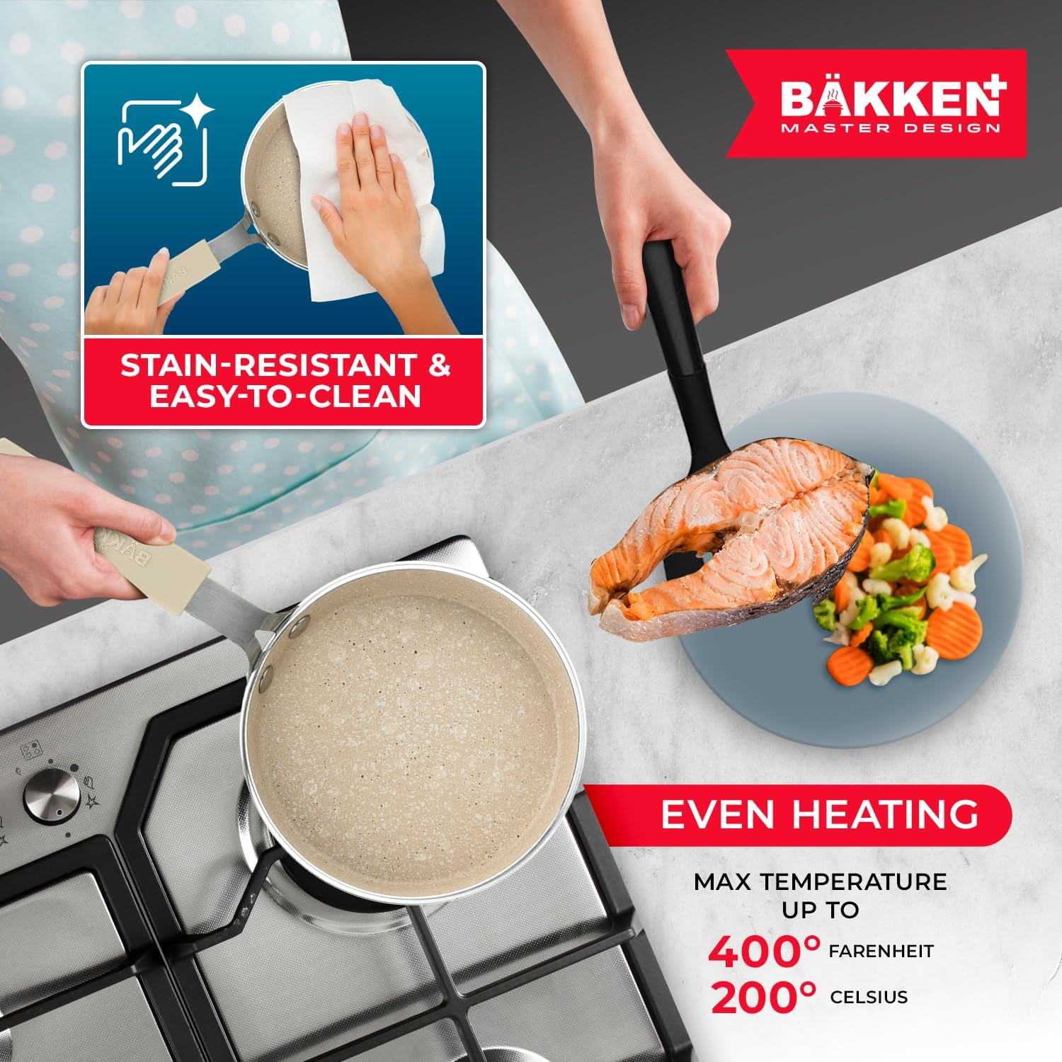 Bakken-Swiss 2-Piece Mini Egg Pan Set – 5.5" Non-Stick Frying Pan with Spatula, Cool-Touch Handle, Heat Resistant to 400°F, Food-Grade Safe, White Marble – For Gas, Electric & Ceramic Cooktops