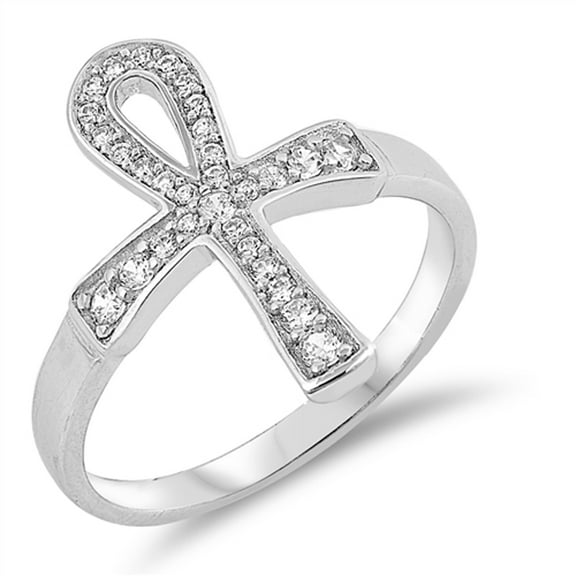White CZ Ankh Cross Journey Pave Ring .925 Sterling Silver Micro Band Jewelry Female Size 5