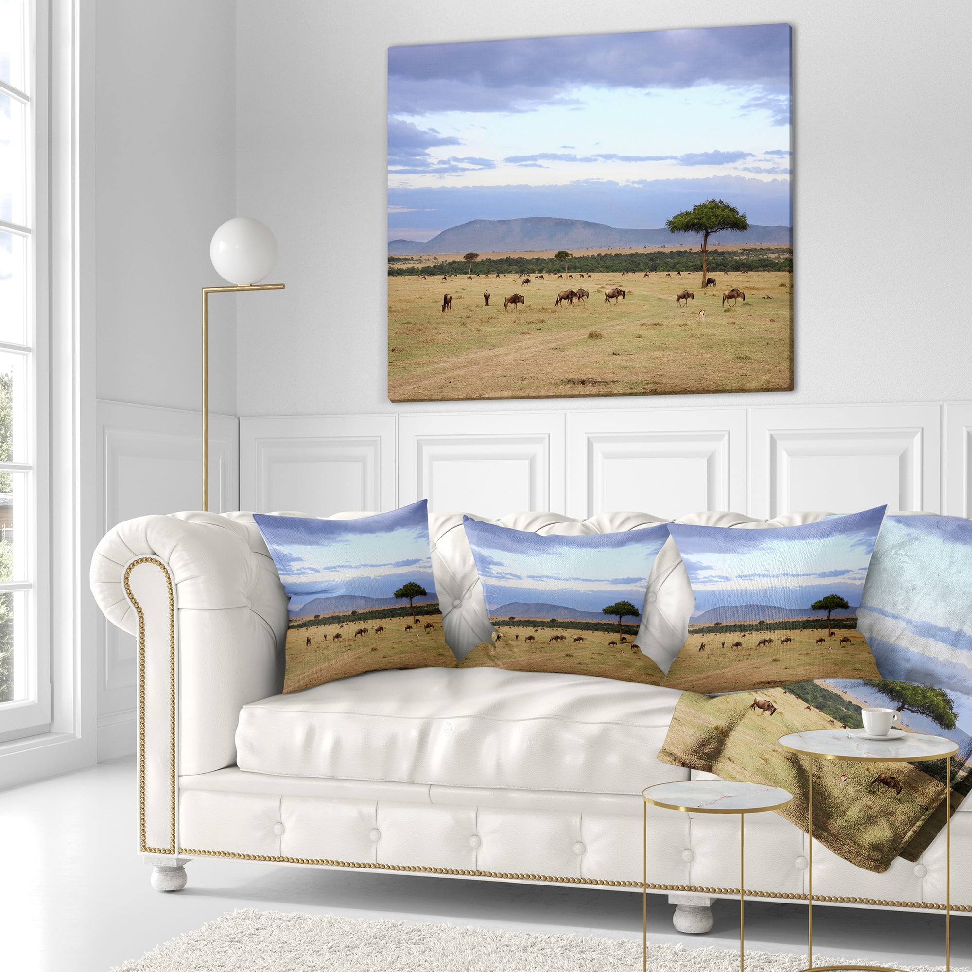 Designart Wildebeest Herd in Masai Mara - African Landscape Printed Throw Pillow - 16x16