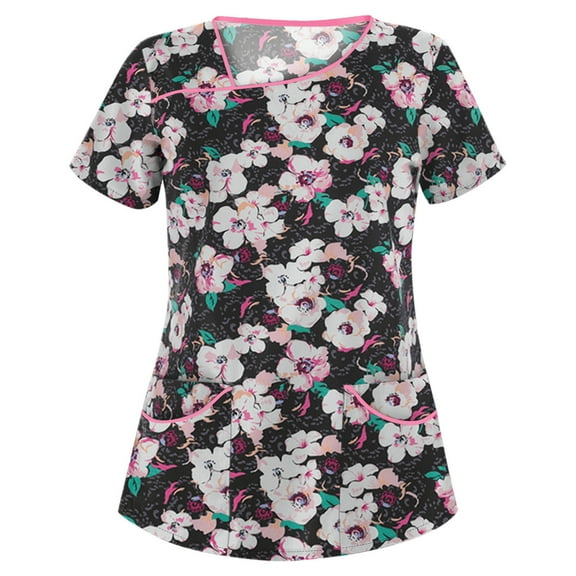 ZVNAΖH Scrub Tops for Women, Stretchy V Neck Short Sleeve Cute Floral Printed Holiday Nursing Pocketed Working Uniforms