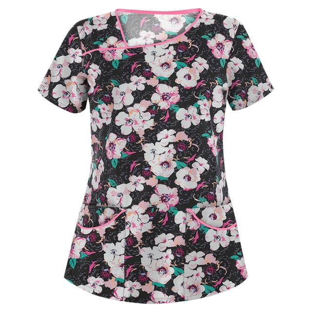 EGNMCR T-Shirts pour Femmes Femmes Mode Imprimé Floral Manches Courtes Col Hauts Uniforme de Travail Blouse Chemise
