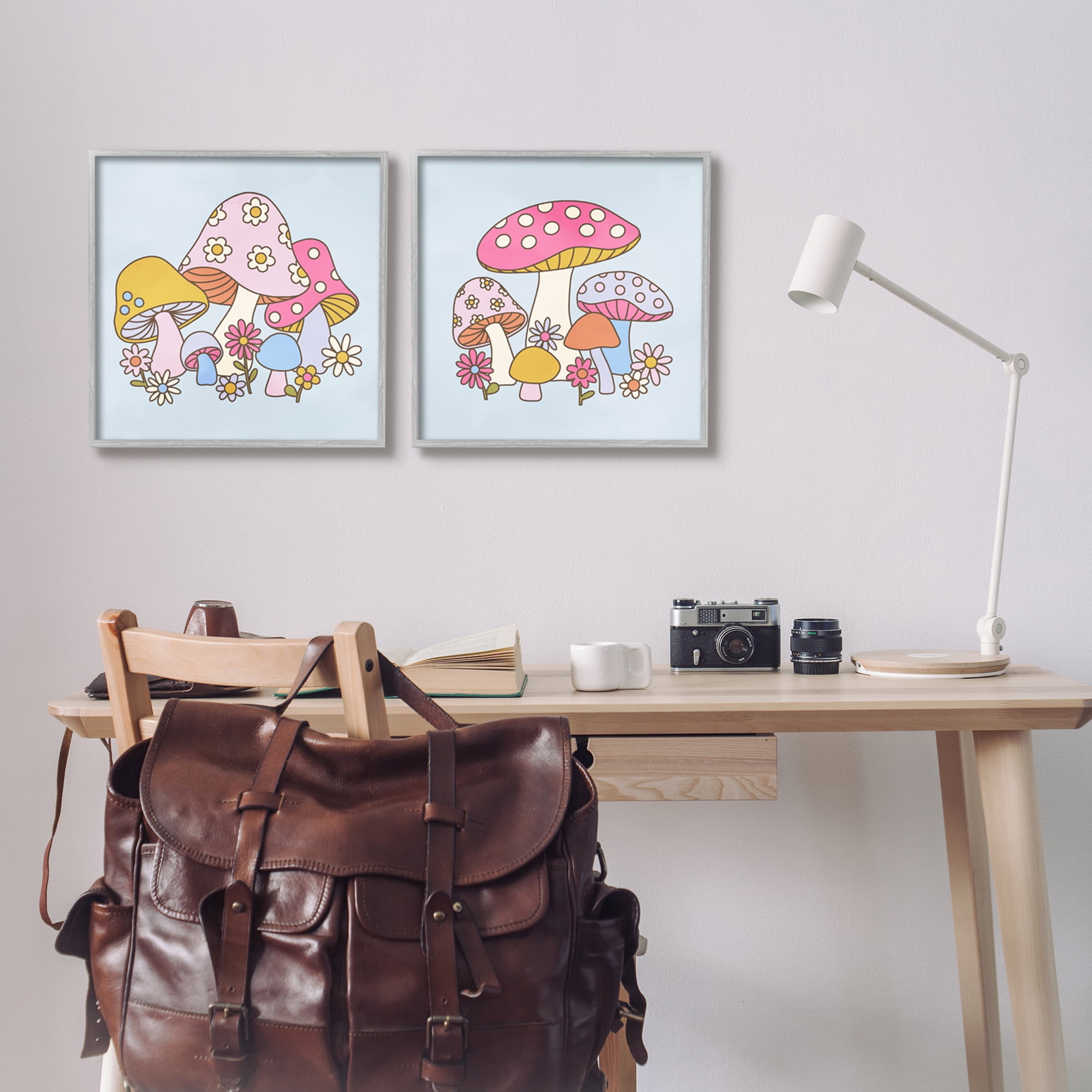 Stupell Industries Groovy Floral Mushrooms Botanical & Floral Painting Gray Framed Art Print Wall Art, 17 x 17, Set of 2