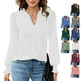 thumbnail image 3 of Blusa con volantes, manga abullonada, cuello en V, manga larga, color puro, tops de moda para mujer, 3 of 5