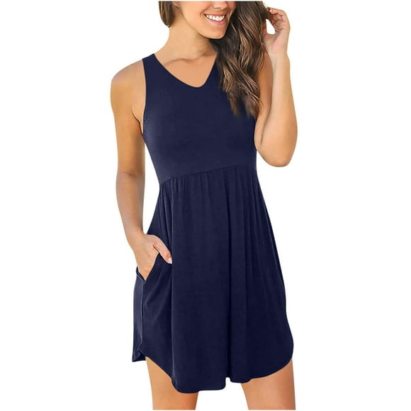 Pisexur Womens Dresses Fashion V Neck Sleeveless Mini Dress Casual Tunic Swing Sundress Basic Solid Color Summer Dresses Fashion High Waist Beach Dress with Pockets