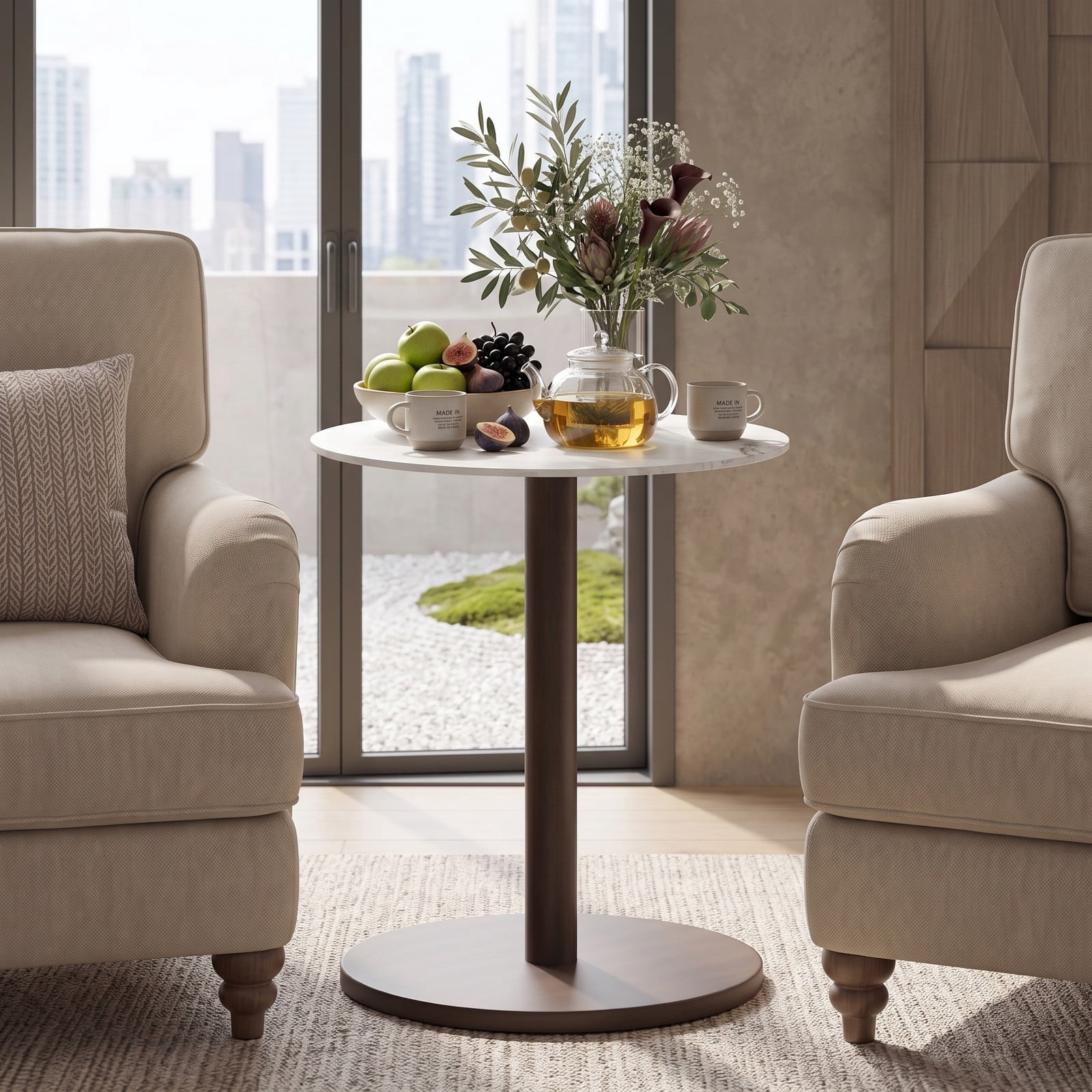Furnibear Round Marble Side Table, Pedestal End Table with Genuine Stone Top and Solid Wood Base, Waterproof Accent Nightstand for Living Room Bedroom, White & Black
