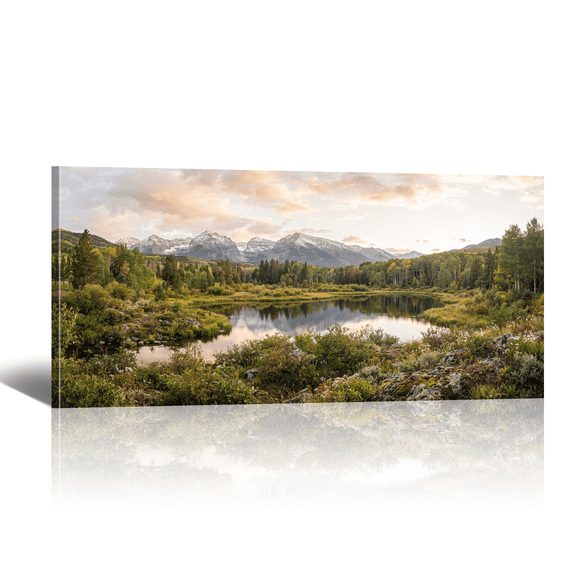 Lake Canvas Wall Art - Large Green Forest Mountain View Picture Prints Horizontal Fresh Nature Landscape Artwork Paintings for Living Room Bedroom Home Decor
