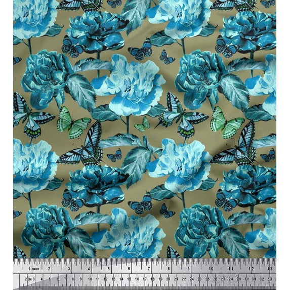 Soimoi Japan Crepe Satin Fabric Leaves,Butterfly & Peony Floral Print Sewing Fabric Yard 42 Inch Wide