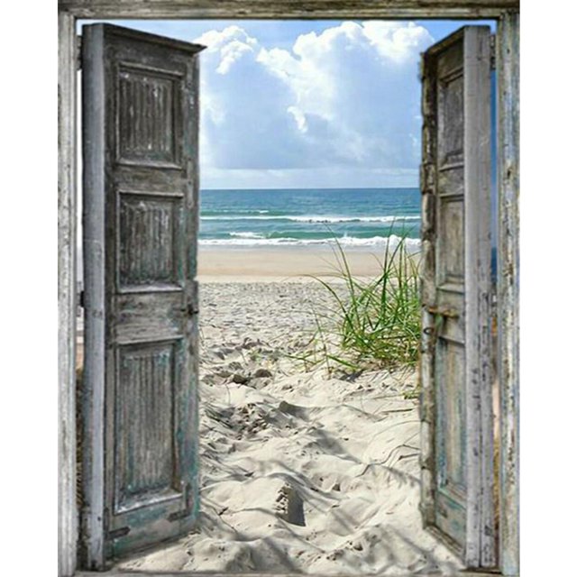 Cuadros Decorativos Taladro redondo completo de diamantes de imitación de pintura de diamante de playa de puerta de madera para decoración de habitación Likrtyny embutido en tela