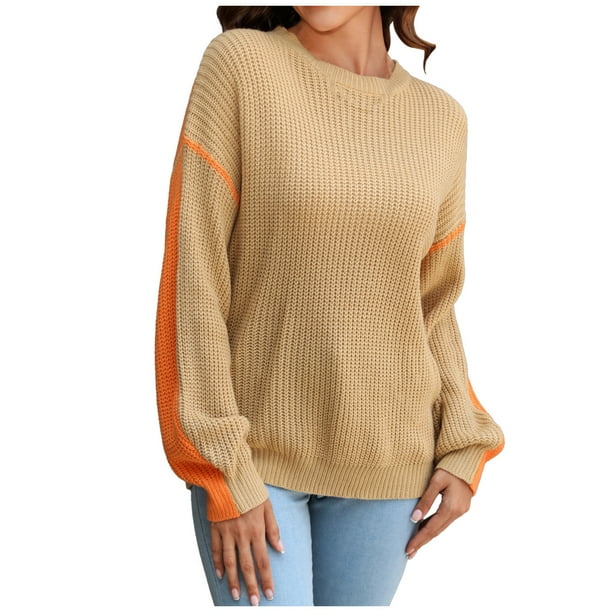 Suéter de cuello redondo para mujer, jersey de punto con contraste de color, informal, de manga larga, con cuello redondo