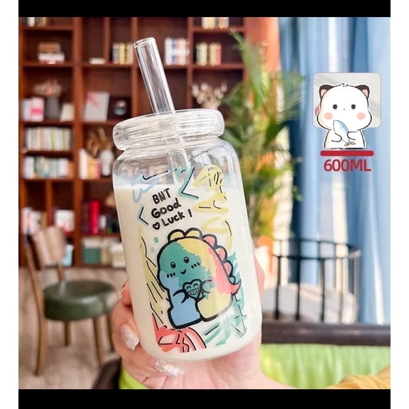 Glass water bottle with lid and straw for tea coffee smoothie