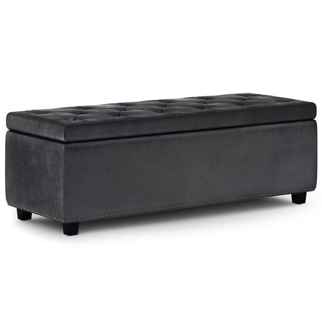 Simpli Home Hamilton 48" Transitional Rectangle Ottoman in Black Faux Leather