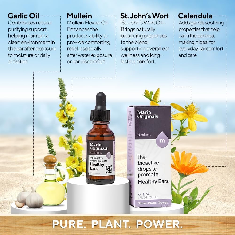 Marie Originals Natural Ear Oil Drops, Mullein & Garlic Herbal Ear Drops for Ear Comfort, Soothing Earache Support for Adults, Kids & Pets, Helps with Ear Wax Soften & Removal, 1 oz