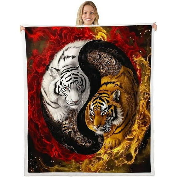 Tiger Flannal Blanket Queen 90"x90" Yin Yang Boho Trippy Fleece Throw Blanket for Bed Sofa Couch Wildlife Blanket Room Decorations Flannal Blanket