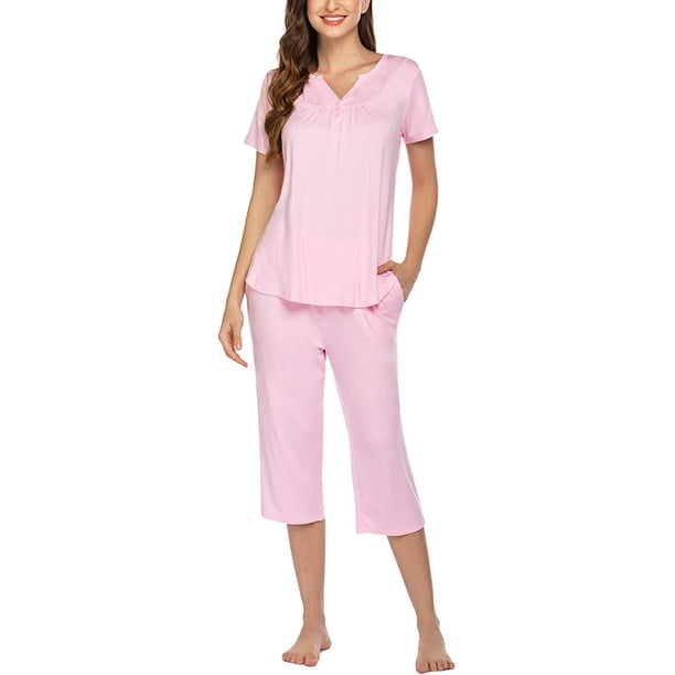 HTAIGUO Pyjama pour femme Ensemble de vêtements de nuit à manches courtes  Pjs Ensemble pour femme Capri Ensembles de pyjama Vêtements de nuit Bouton  Ensemble de vêtements de nuit 