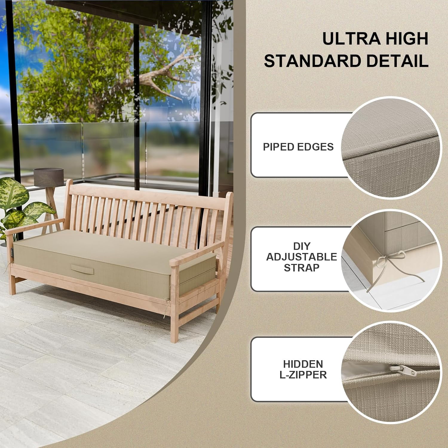 42" x 18" x5" Outdoor Olefin Water-Resistant Bench Cushion, Weather and Fade Resistant Patio Furniture Thickened Seat Pad with Handle and Adjustable Straps Ideal for Lawn