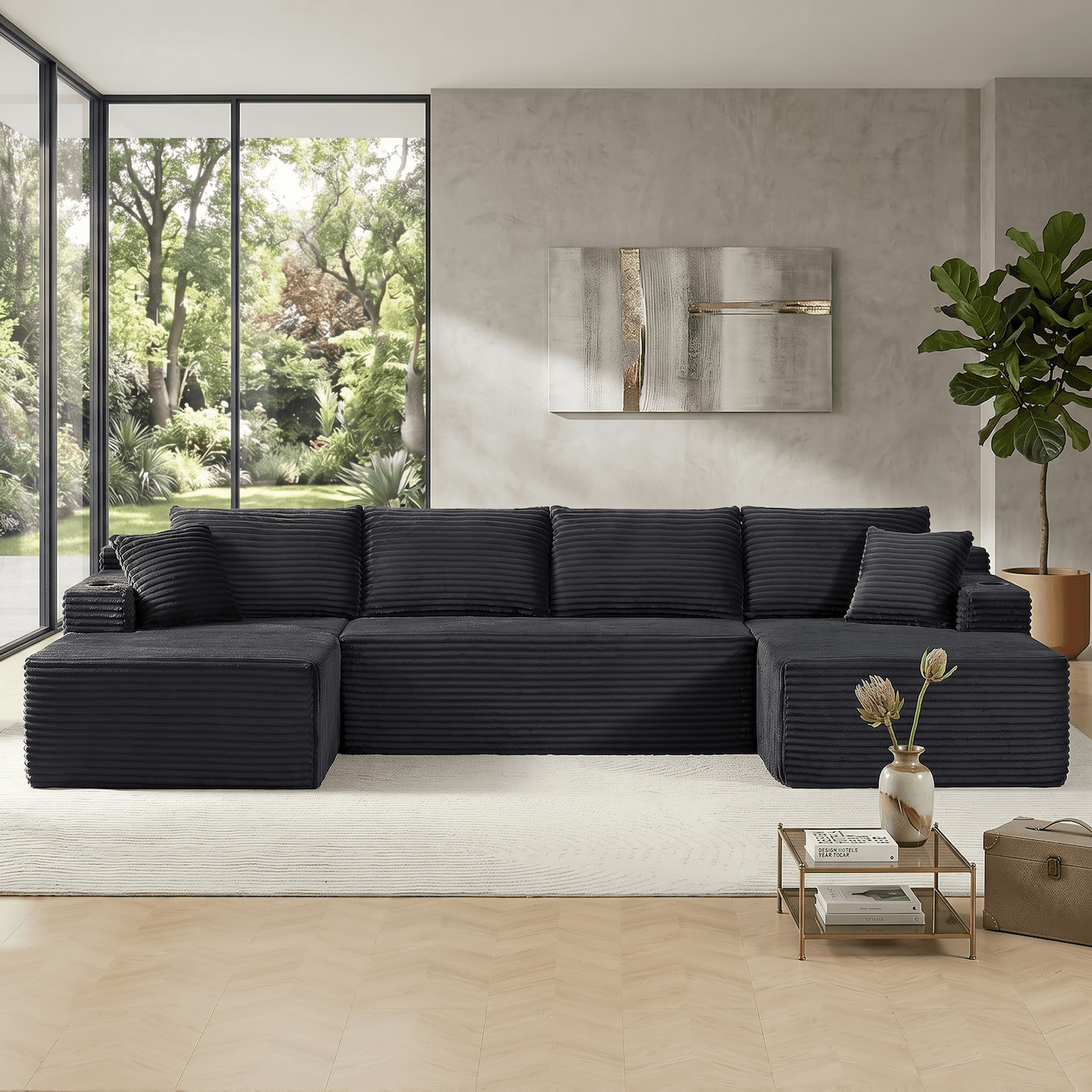 Xiweot Cloud Couch Modular Sectional Sofa for Living Room, 134" Oversized U Shaped Boneless Couch with Cup Holder & Storage Pocket, Corduroy Comfy Upholstered Deep Seat Sofa for Apartment, Dark Grey