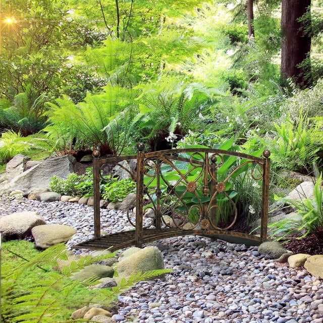 3.3FT Metal Arch Zen Garden Bridge with Safety Siderails, Decorative Footbridge, Delicate Floral Scrollwork for Stream, Fish Pond, Brown