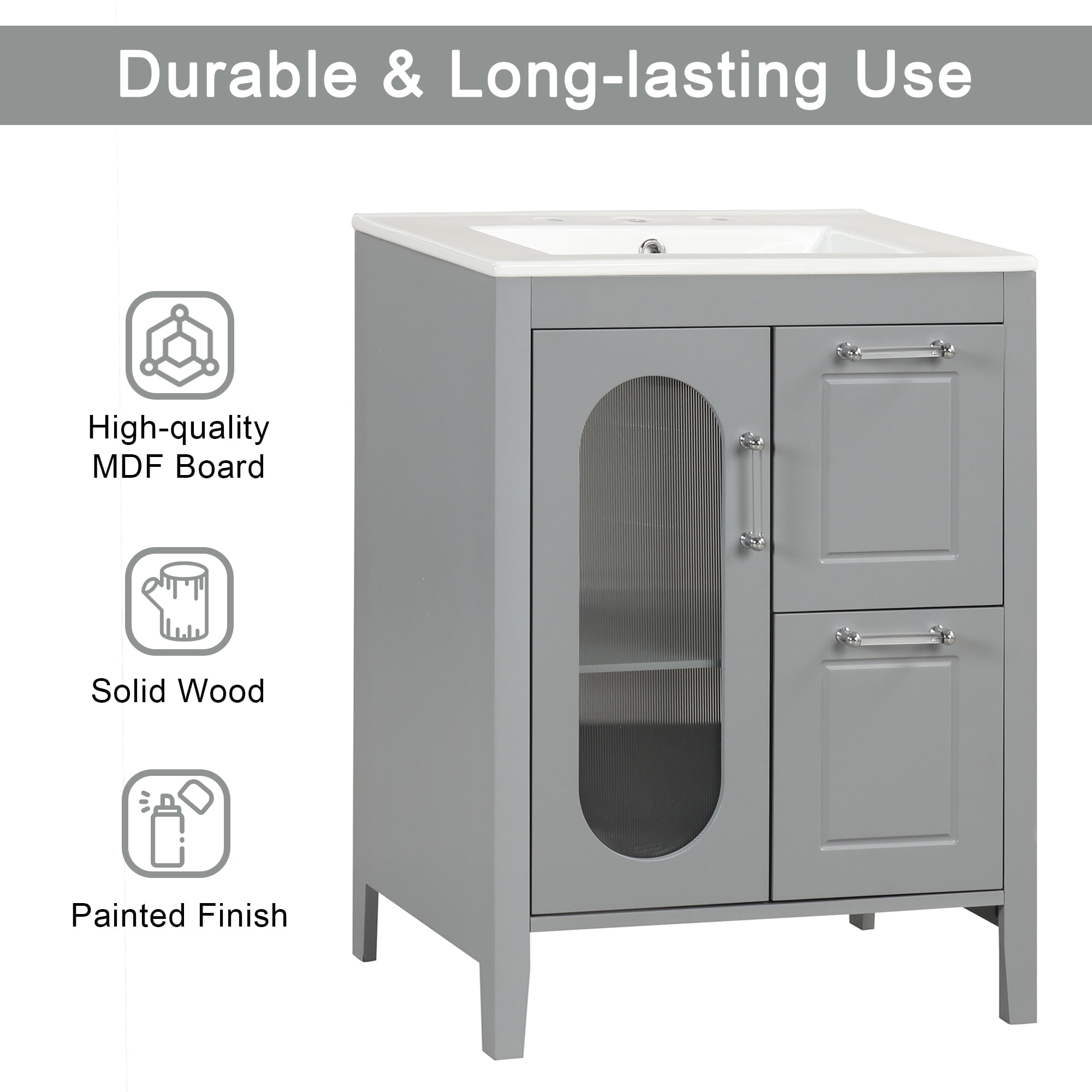 Harper & Bright Designs 24" Small Bathroom Vanity Sink Combo with Drawer , Wood Bathroom Floor Cabinet with Doors and Adjustable Shelf, Grey