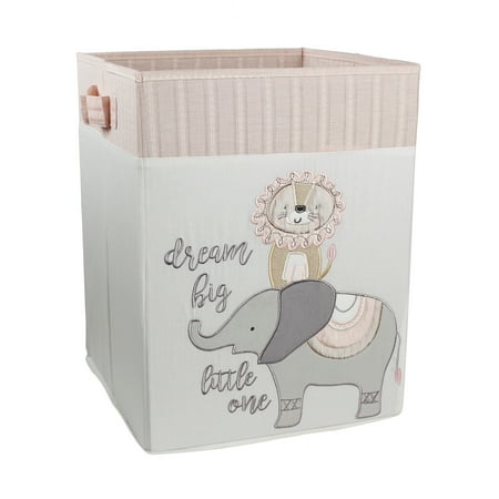 UPC: 0190945131072 | Levtex Baby – Imani Nursery Hamper – Rectangle Fabric Hamper – Elepahnt and Lion – Grey Cream Taupe Pink – Nursery Accessories – Size: 14 x 14 x 19in.