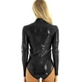 thumbnail image 3 of YONGHS Women's Shiny Metallic Long Sleeve Leotards Faux Leather Turtleneck Bodysuit Dance Costume Black S, 3 of 7